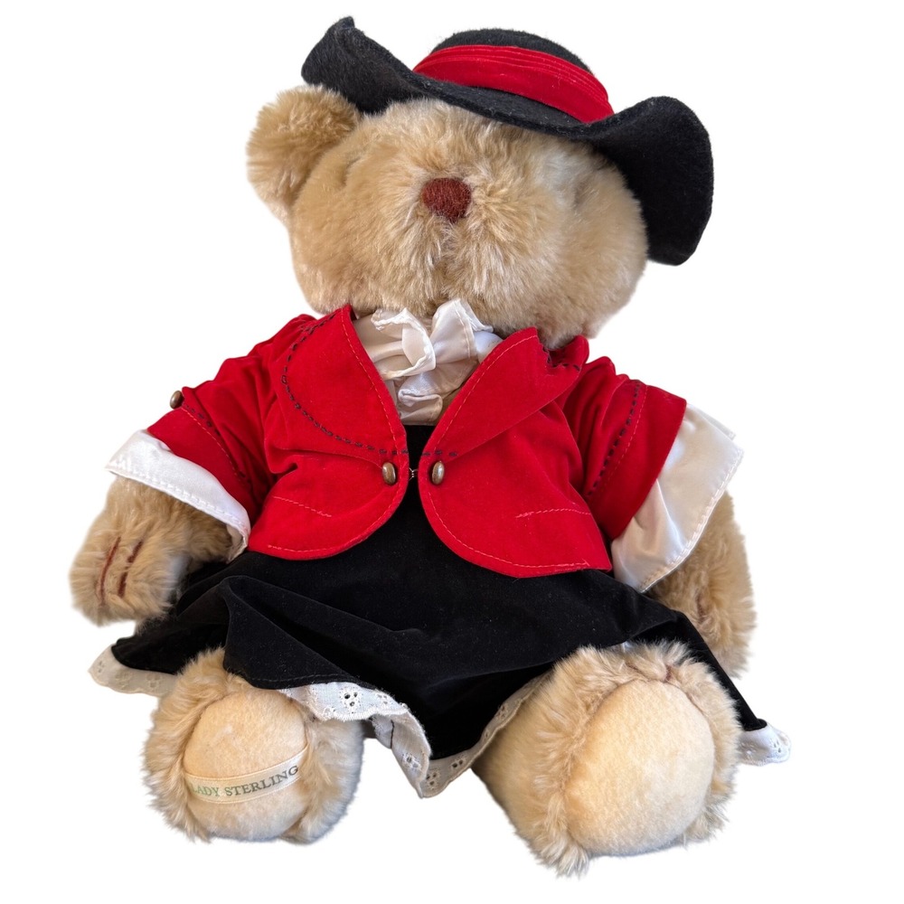 Vtg 1986 Gorham Lady Sterling Teddy Bear Plush Red Velvet Jacket Lace Skirt 14"